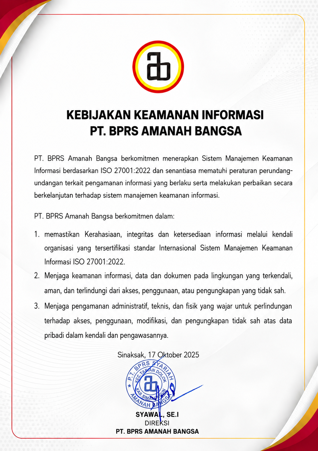 KEBIJAKAN KEAMANAN INFORMASI PT. BPRS AMANAH BANGSA